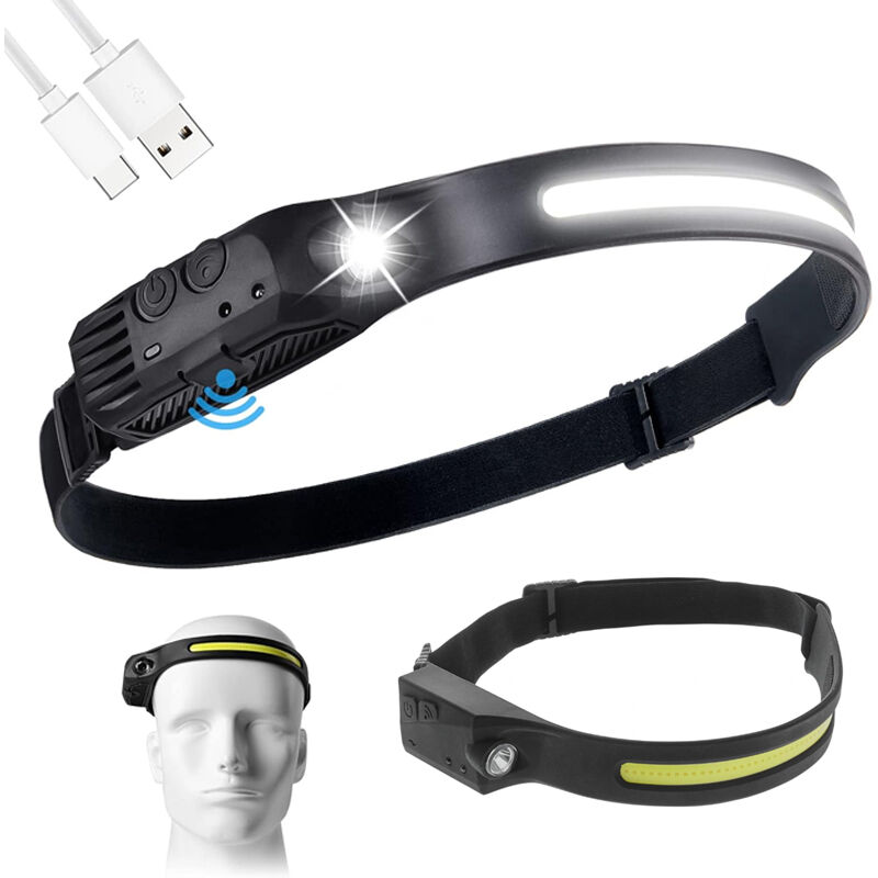 Sjqka - 2 Pièces Lampe Frontale Rechargeable, avec 6 Modes d'Éclairage & Détecteur de Mouvement Pour Camping, Pêche, Jogging et Randonnée