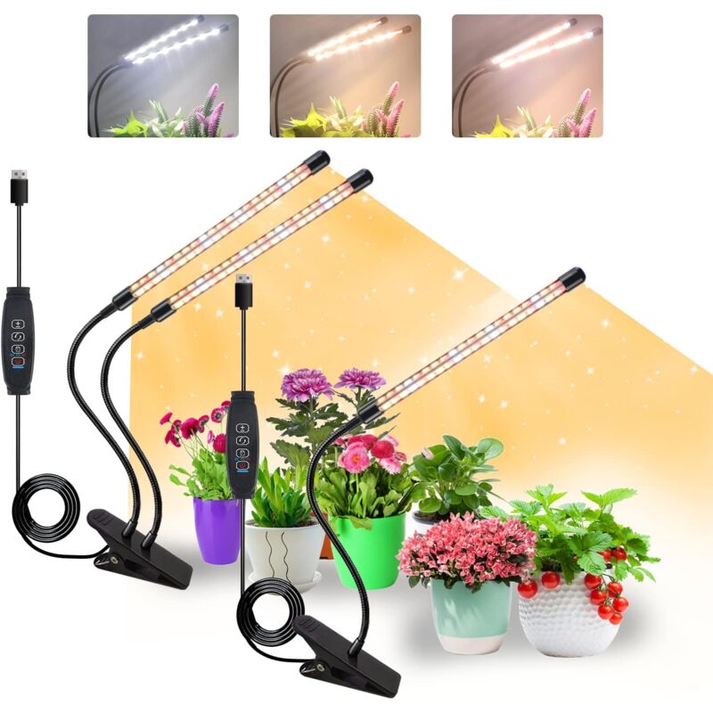 2 pièces Lampe pour Plantes, 240 LEDs lumière à spectre complet, 3000K 5000K 660nm pour plantes d'intérieur avec minuterie 3/9/12H, 3 modes, idéal