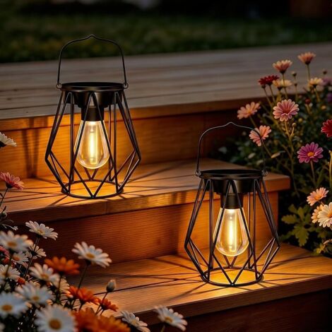 2 Pièces Lanterne Solaire Exterieur Jardin, IP65 Étanche Lampes Solaires à Suspendre/Poser, Luminaire Solaire Extérieur LED en Métal pour Balcon, Terrasse, Camping, Pelouse, Table, Décoration