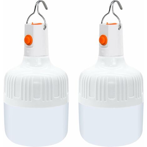 2 Pièces LED Lampe de Camping, Lanterne Portable à Suspendre 3 Modes D'éclairage à Piles Rechargeable par USB, Tente Ampoule Lampes de Poche D'urgence Dimmable pour Extérieur Jardin Barbecue