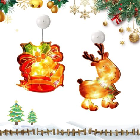 2 Pièces Lumières De Décoration De Noël,Lumières De Démarrage De Noël à Suspendre Avec Ventouse,Lumières De Ventouse De Fenêtre De Noël,Suspension Noel,Alimenté Par Pile,Deco De Noel Interieur(Cloches