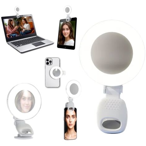2 pièces Mini Lumière Selfie avec Miroir pour Téléphone – 3 Modes d'Éclairage, Lampe Anneau LED Portable à Pince, Miroir de Maquillage Rechargeable Compact