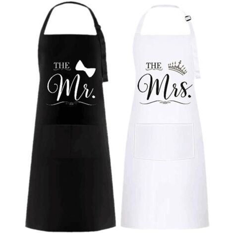 2 Pièces Mr. & Mrs. Tablier, Tablier de Cuisine Etanche, Reglable Tablier avec 2 Poche, Couple Tablier Cadeau pour Anniversaire Mariage, Saint Valentin, Fête des Pères, Fête des Mères (Noir & Blanc)