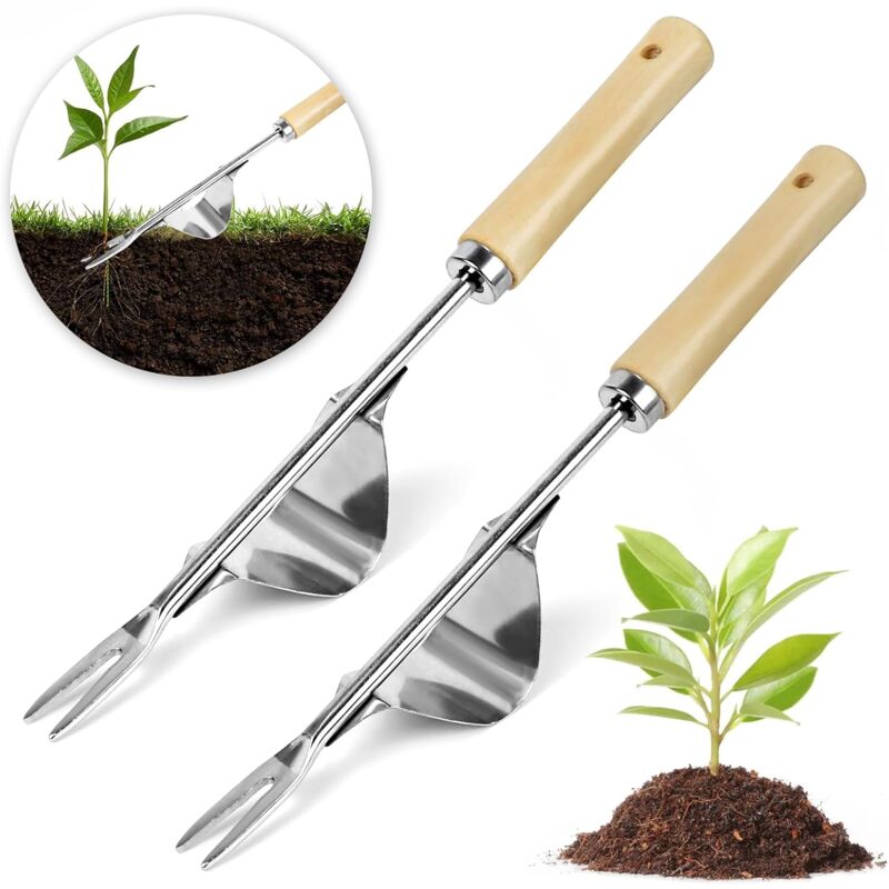 2 Pièces Outil Desherbeur Manuel en Acier Inoxydable, Arrache Racine Outil Gouge Désherbage, Outil de Désherbage Manuel avec Poignée Bois pour