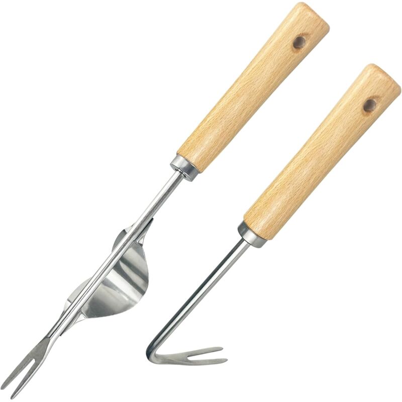 2 pièces Outil Desherbeur Manuel en Acier Inoxydable, avec Manche Ergonomique en Bois, Arrache Racine Outil Gouge Désherbage, pour Eliminer Les
