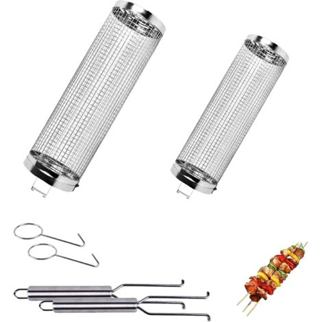 2 Pièces Panier de Barbecue en Acier Inoxydable, Paniers a Griller Cylindriques, Accessoires Cuisson pour Extérieur, Barbecue, Légumes, Crevettes, Steak -