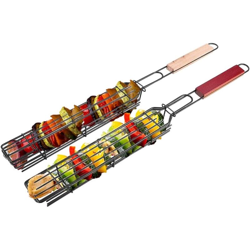 2 pièces paniers Grille pour Barbecue, Grille de Barbecue avec poignée en Bois pour Kebab, Saucisse, légumes, Poissons, crevettes, 49 x 4,7cm