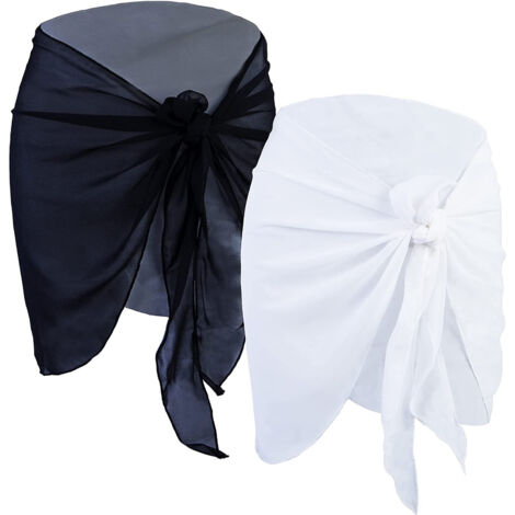 2 Pièces Paréo Plage Léger Chiffon Écharpe Maillot de Bain Noir Blanc