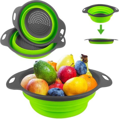 2 Pièces Passoire Cuisine Pliable - 2 Tailles, Retractable, Facile À Nettoyer - En Silicone Pour Pâtes et Légumes, Panier À Vapeur (Vert 25+29cm)