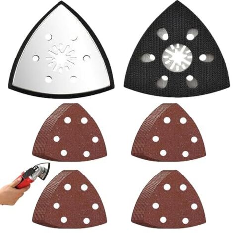 2 pièces Patin Ponceuse Triangulaire, Plaques de Ponçage Triangulaires, 93 mm Plateau Ponçage, avec 20 Feuilles Triangles P320 to P800, pour bois, plastique dur, métal dérouillage -