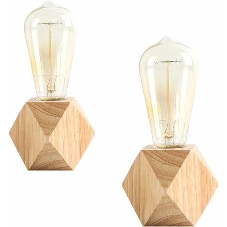 2 pièces petite lampe de table lampe de chevet avec base en bois diamant à côté de la lampe, E27 60W parfait pour chambre à coucher, salon ou bureau (sans ampoule)