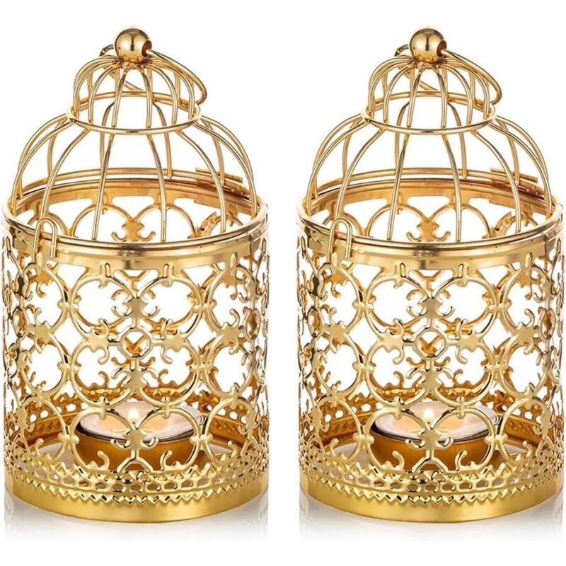 2 Pièces Petite Lanterne Cage Oiseaux Suspendue Photophore Métal, Lanternes Dorées pour Bougies Centres Table Vintage Mariage Fête Porte-Lumière