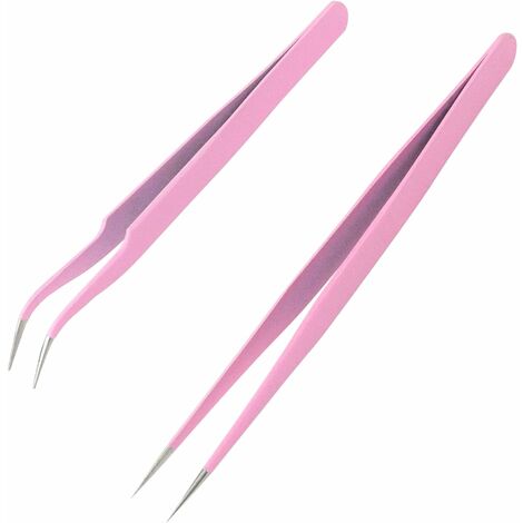 2 Pièces Pinces à Épiler, Pince à Cils, Pince à épiler à Bouts Pointus Droit et Courbé Nipper, Acier Inoxydable Rose Outils d'Application Faux Cil, pour Les Cils, Poils Incarnés