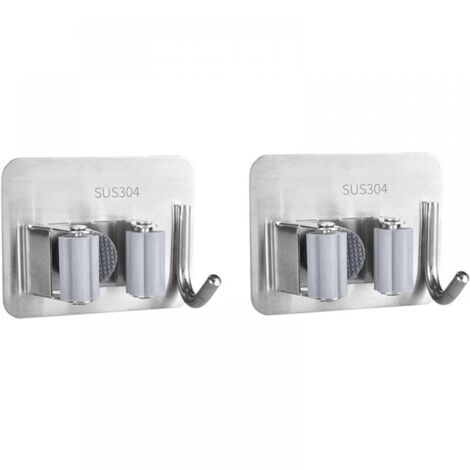 2 Pièces Porte Balai,Acier Inoxydable Porte Balais Mural,Adhésif Mop Support Avec Crochets pour Cuisine Salle de Bain Jardin