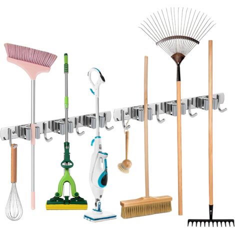 Porte balais mural en acier inoxydable – 3 emplacements et 4 crochets – Installation auto-adhésive ou par vis – Pour cuisine, garage, salle de bain – Dksfjkl