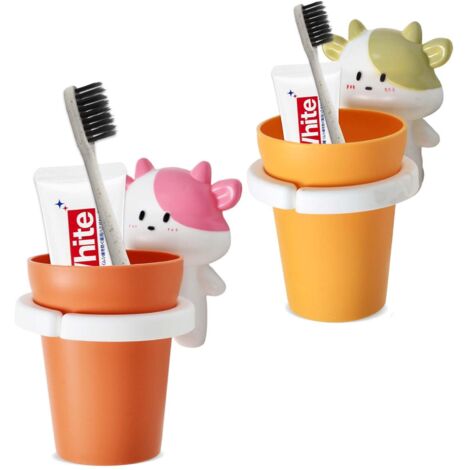 2 Pièces Porte-Brosse À Dent pour Enfants,Porte-Brosse À Dent Mural Motif Animaux De Dessin Animé,Porte-Gobelet À Dents sans Perçage,Porte-Brosse À Dents avec Tasse,pour Enfants (Jaune+Rose)
