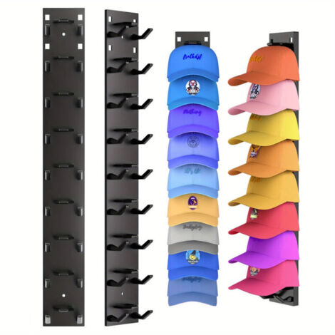 2 Pièces Porte Casquette Mural, avec Adhésif Puissant/Perceuse Murale, Deux Méthodes de Fixation, Matière Plastique, Peut Supporter 18 Casquettes (Noir)