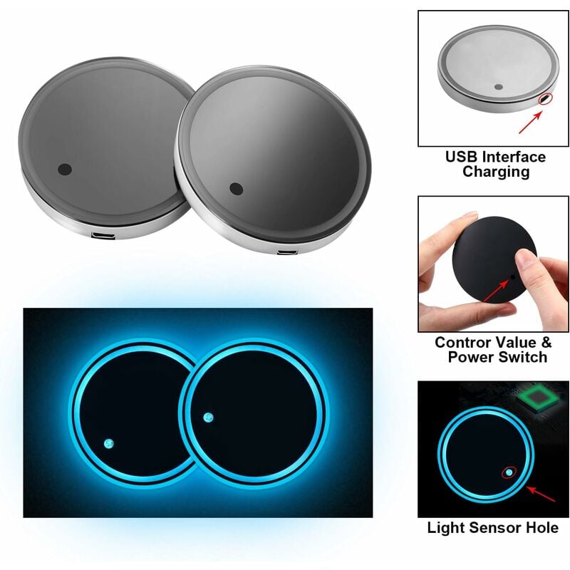 2 Pièces Porte-Gobelet LED Caboteurs de Voiture Lumières LED 7 Couleurs Tampon de Tasse Luminescent Tapis de Tasse de Chargement USB pour sous-Verres