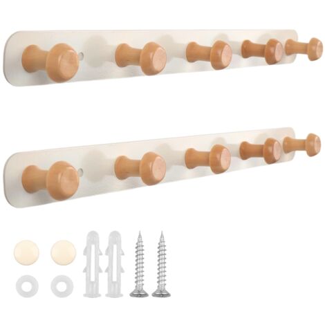 2 Pièces Porte Manteau Mural en Bois, Patère Murale avec 5 Crochets - 36 cm - Blanc Crème - Hêtre Naturel Crochet Porte Manteau pour Salle de Bain, Chambre à Coucher, Cuisine