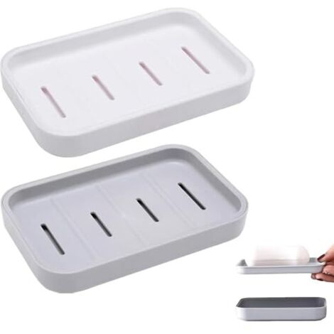 2 Pièces Porte-Savon avec Drain, Support de Savon avec Bac, Porte Savon Douche Plastique Double Couche, Boite à Savon Portable pour Salle de Bain Cuisine Éviers, Nettoyage Facile, Sec (Gris + Blanc)