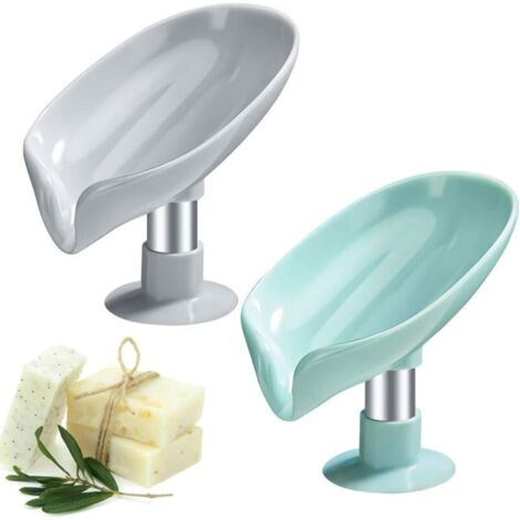 2 Pièces Porte Savon, Boîte à Savon pour Salle de Bains Douche, Porte-Savon à Ventouse, Porte-Savons en Forme de Feuille pour Salle de Bain et Cuisine (Vert et Gris)