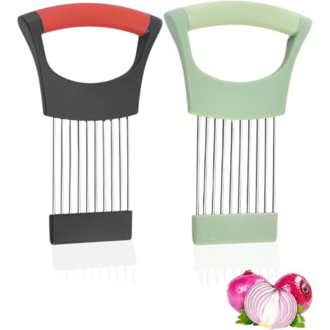 2 Pièces Porte Tranche Oignons,Coupe Citron,Inoxydable Alimentaire Tranche Assistant avec Housse de Protection pour Pommes Terre Viande Oignons Légumes(Noir,Vert)