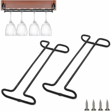 2 Pièces Porte Verre à Vin en Métal, Support de Verre à Vin Sous Meuble, Porte Verres à Pied Suspendu, Porte Verre à Vin Avec Vis, Peut Stocker 2-4 Verres à Vin, pour Cuisines, Bars, Pubs (Noir)