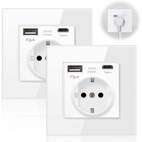 2 Pièces Prise Murale Avec USB et Type C, Prise de Courant Avec Protection Contre Les Surintensités, Prise de Courant Universelle, 86 mm Blanc