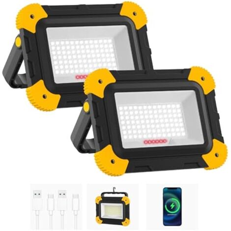 2 Pièces Projecteur Led Rechargeable, 5 Modes Lampe de Chantier Batterie avec Câble USB, 4000mAh Eclairage Chantier Portable, IP65 Étanche Lumiere Chantier pour Garage, Camping, Pêche