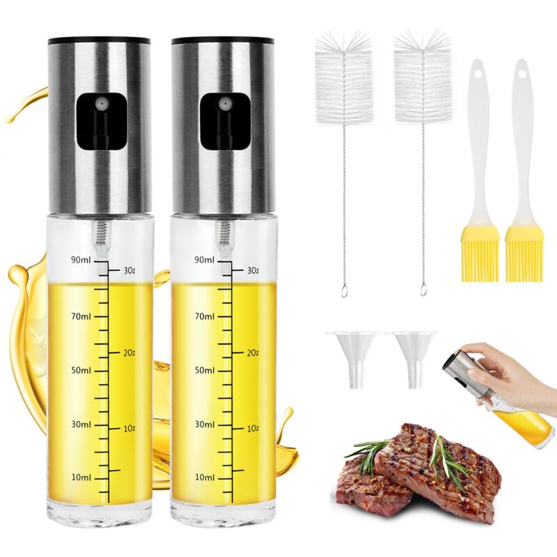 2 Pièces Pulvérisateur Huile Cuisine en Verre, Spray Huile d'Olive 100 ml, avec 2 x Entonnoirs, 2 x Brosses à Huile, 2 x Brosses de Nettoyage, Grill,
