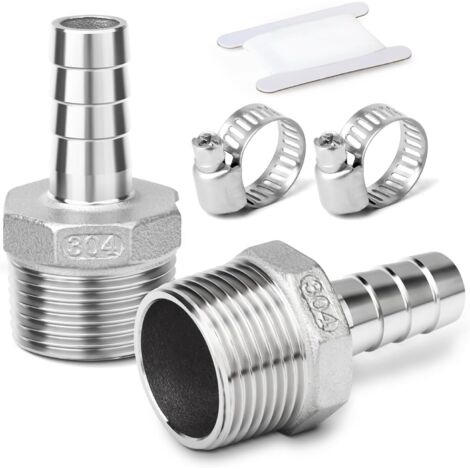 2 pièces raccords embout cannelé acier inox 304, 10 mm vers filetage mâle BSP 3/4", raccord compression eau, carburant, air - 1"M X 12MM(2PCS)