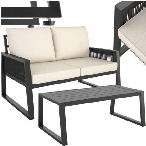 Tectake – Salon de jardin 2 places en corde résistante intempéries – Canapé confortable avec coussins épais – Table basse compacte 99x59cm