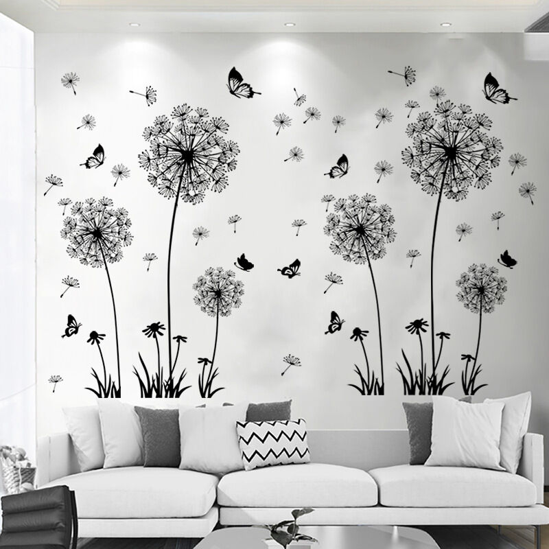 Frixovel - 2 pièces stickers muraux noirs pissenlits pour la décoration murale,XXL grandes fleurs de pissenlit plantes autocollants collants
