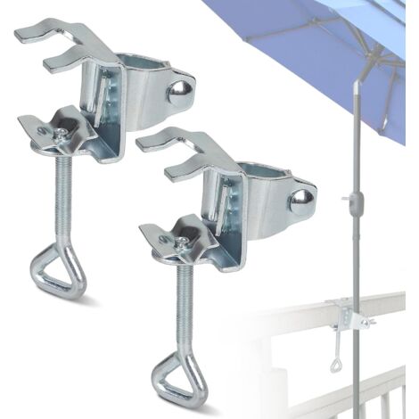 2 Pièces Support de Parasol pour Balcon, Pince de Table Portable pour Fixation Parapluie de Ø 19-32mm, Attache Réglable en Acier Galvanisé, pour Garde-Corps, Terrasse et Parasol Rectangulaire