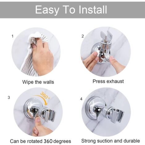 2 Pièces Support Douchette Ventouse, Support de Douche à Rotation 360 °, Support de pomme de douche réglable amovible, Convient pour la salle de bain de l'hôtel, pas besoin de percer (Argent)