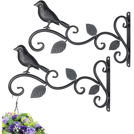 2 Pièces Supports Muraux en Fer Forgé, Support Crochet Plante, Support Mural pour Lanterne, Support Plante Mural Balcon, pour Mangeoires à Oiseaux, Jardinières Noir，Fonepro