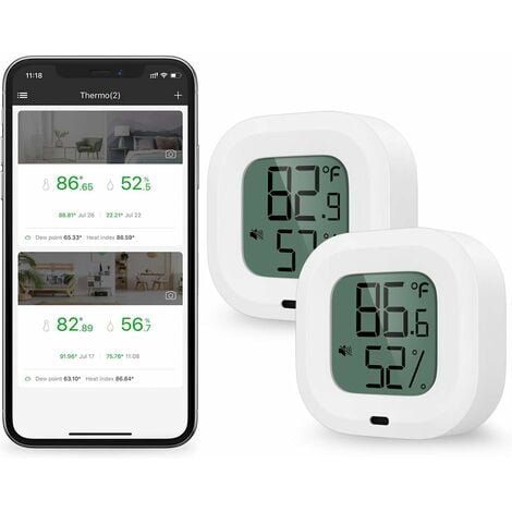 2 Pièces Thermomètre Hygromètre Bluetooth, Capteur de Température D'humidité avec Exportation de Données pour iOS Android, D'alarme, pour Maison, Étui à Guitare, Cave à Cigare, Cadeau Noel