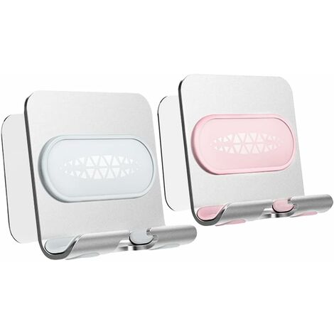 2 Pieces Wall Mounted Phone Holder, Wall Mounted Phone Holder with Adhesive Strip, No Drilling Mobile Phone Holder for Bathroom, Bedroom, Kitchen, Office (Grey+Pink)