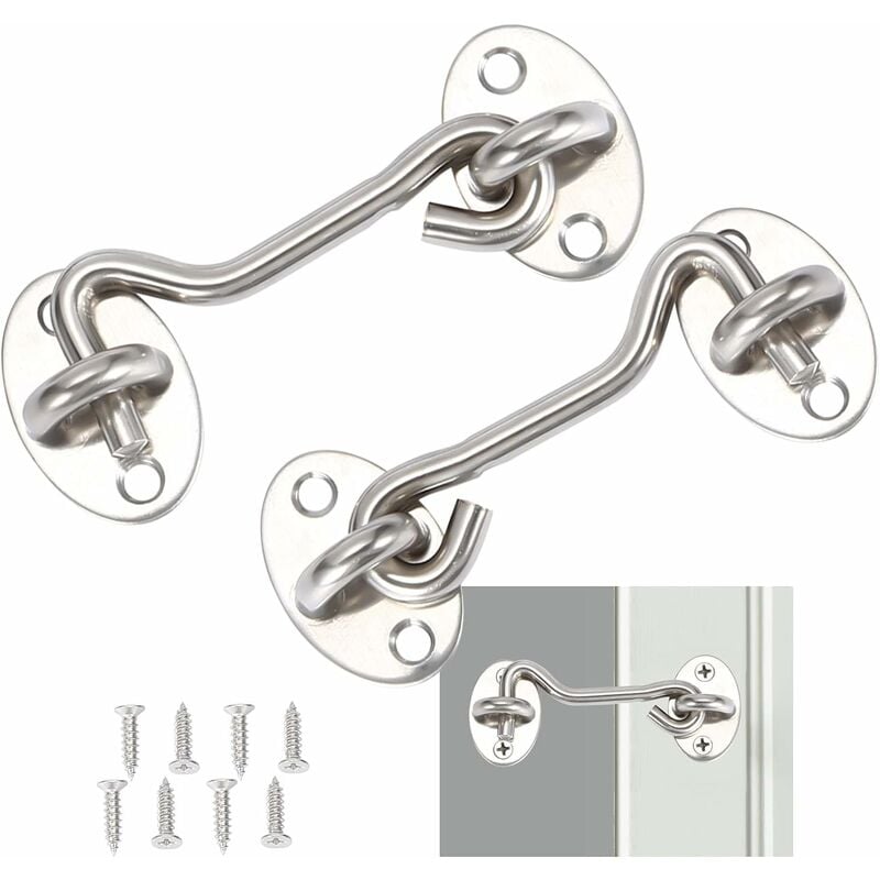 Ahlsen - 2 Pièces,Crochet Fermeture Porte,Serrure à Crochet de Porte en Acier Inoxydable Argent,Avec Vis de Montage,Pour Fenêtre,Porte de