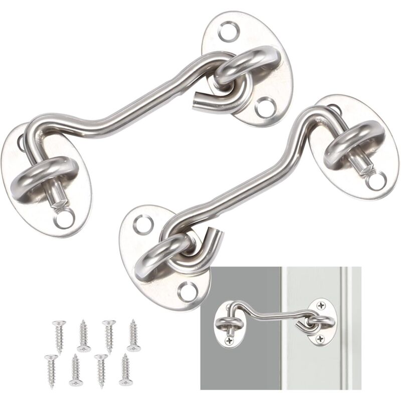 2 Pièces,Crochet Fermeture Porte,Serrure à Crochet de Porte en Acier Inoxydable Argent,Avec Vis de Montage,Pour Fenêtre,Porte de Grange,Porte de