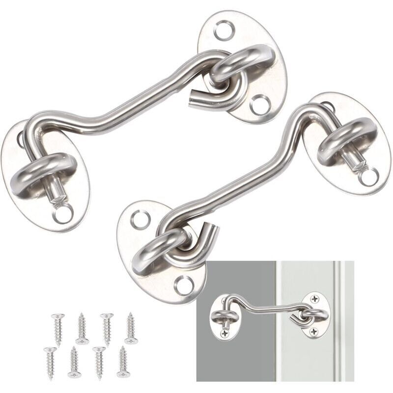 2 Pièces,Crochet Fermeture Porte,Serrure à Crochet de Porte en Acier Inoxydable Argent,Avec Vis de Montage,Pour Fenêtre,Porte de Grange,Porte de
