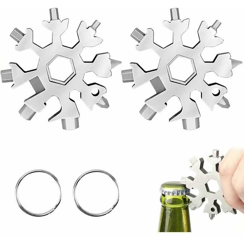 2 piècesNeige Outil,Outil portable flocon,acier inoxydable 18 en 1,Tournevis Ouvre Bouteille,Porte-clés Tournevis Ouvre,Adventure multifonction,18 en