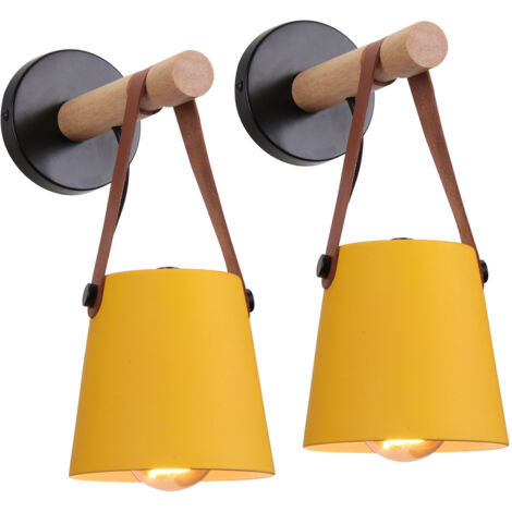 2 piezas Aplique de Pared E27 Industrial Metal Madera, Abajur Suspendido con Cinturón para Dormitorio Salón Restaurantes Café Bar (Amarillo)
