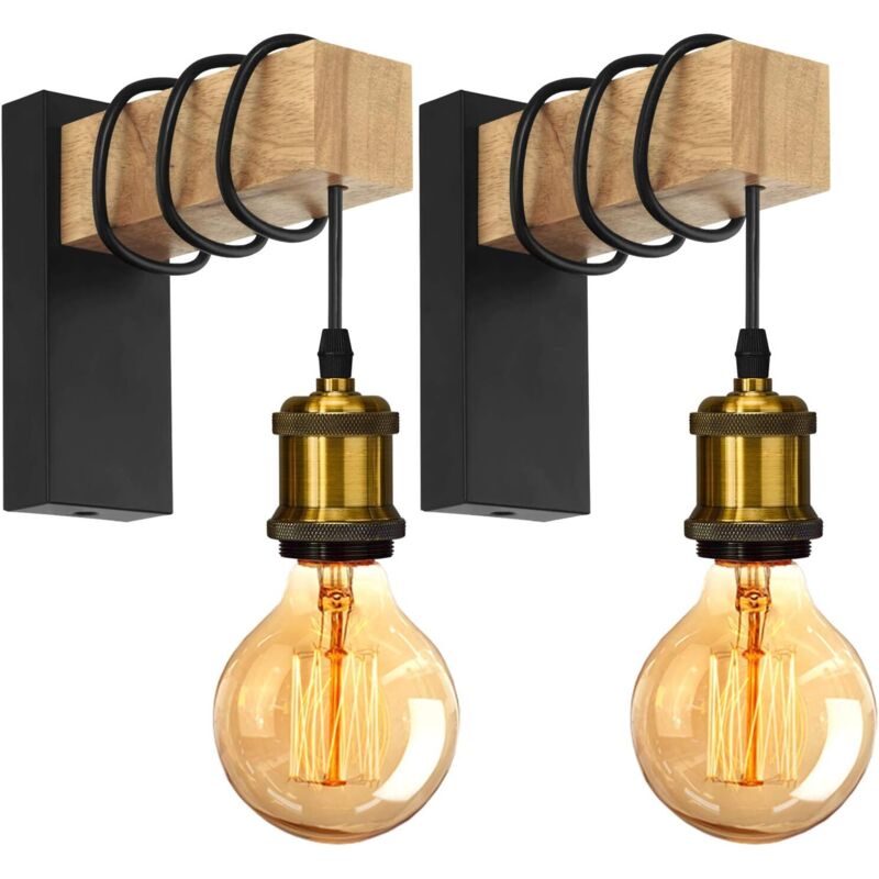 2 Piezas Aplique de Pared Interior Vintage E27 con Abajur de Metal Soporte de Madera para Salón Pasillo Bar