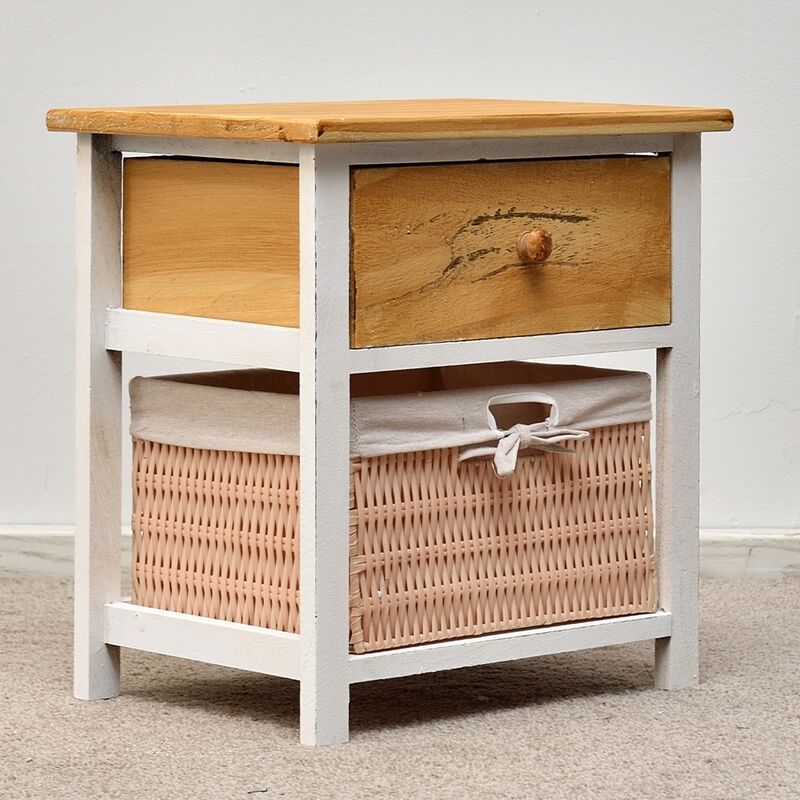 

2 cómodas de noche con cajón y cesta Mesita de noche blanco/marrón de estilo Shabby mueble de noche mueble de dormitorio mesa de noche