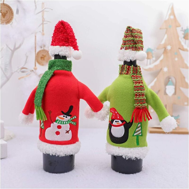 

2 piezas cubiertas de botellas de vino de navidad vestido de suéter de botella de vino de muñeco de nieve para decoraciones de mesa de fiesta navideña