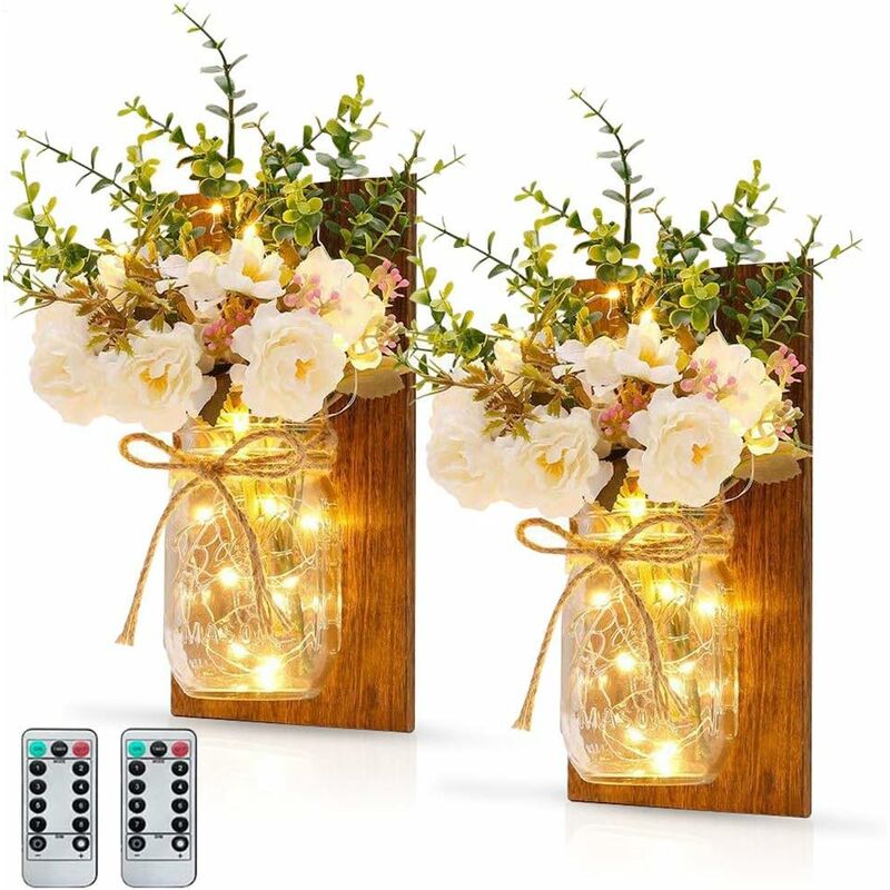 

2 piezas de apliques de pared, linterna, tarro de masón, luces, decoración de pared, con flores artificiales, luces LED, iluminación para jardín al