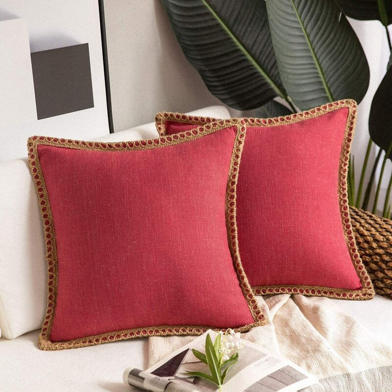 

2 piezas de fundas de almohada decorativas de granja, fundas de cojín de lino de arpillera, bordes personalizados recortados 45x45 rojo