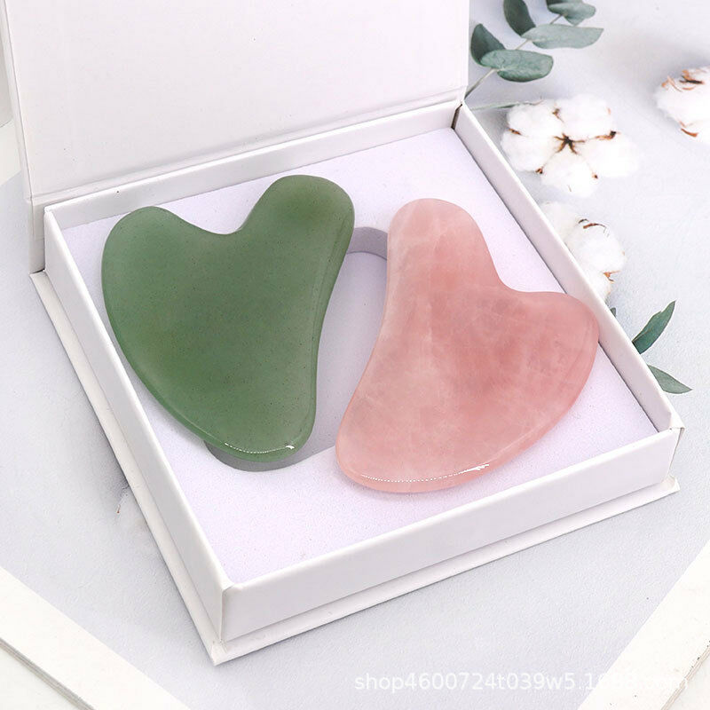 

2 piezas de jade Gua Sha, piedras para raspar la cara, raspado de jade de cristal, rosa, verde