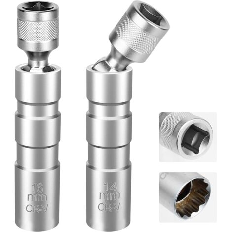 2 piezas de llave de bujía magnética, extractor de dados de bujía, 16 mm/14 mm de largo, llaves de bujía flexibles de 3/8" a 10 mm, llave de dado de extracción para reparación de automóviles